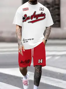 Men's Summer Casual Short Sleeve T-Shirt and Shorts Set, Stretchy Polyester Knit Fabric, Knee Length, Outdoor Activities and Home Parties