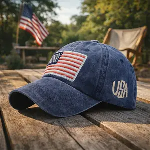 Water Washed Vintage Distressed Letter Baseball Cap American Flag Patch One Size Adjustable Dad Hat For Men Women