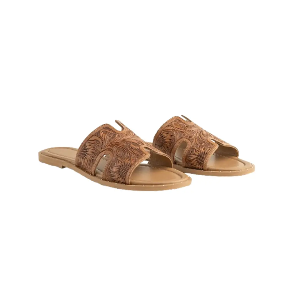 Women's Leather Slides in Cognac, Hand Tooled H-Strap Elegant Fashionable Sandals for Sidewalk Wear, Footwear, Hand Tooled Sandals, Western Charm, Flat Heels, Casual, Classic, Floral, Runs Slightly Small, Size Up If Unsure, Open Toed Sandals