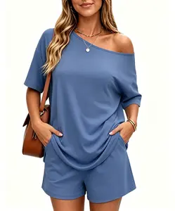 Women’s Summer Two-Piece Lounge Set, Off Shoulder Cap Sleeve Top And Shorts With Pockets S-3XL
