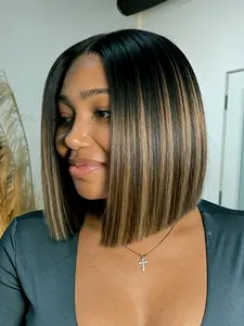 4x4 Lace Closure Blunt Cut Bob Wig Human Hair Mix Color Wig ，Transparent Lace Pre Plucked Hairline，10inch Middle Part Double Drawn Straight Multicolor Wig For Women Daily Or Party
