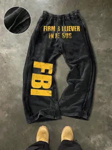 Men's Casual Cotton Pants, Fbi Letter Print Graphic, Street Style, Drawstring Waist, Ankle Length, All Seasons, Ideal Gift, Streetwear