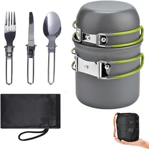 Camping Cookware Mess Kit Backpacking Pot Gear Camping Cooking Pots and Pans Set Camp Kitchen Equipment Accessories Green