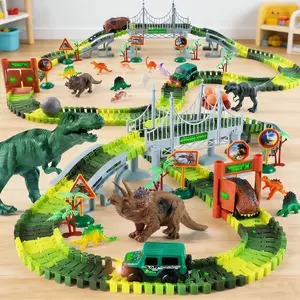 215 Pcs Dinosaur Track Race Car Toy For Kidswith Stickers Vehicle Playsets Dinosaur WorldRoad Toys for boys 3-6 Years Educational Remote Controlled Car Truck