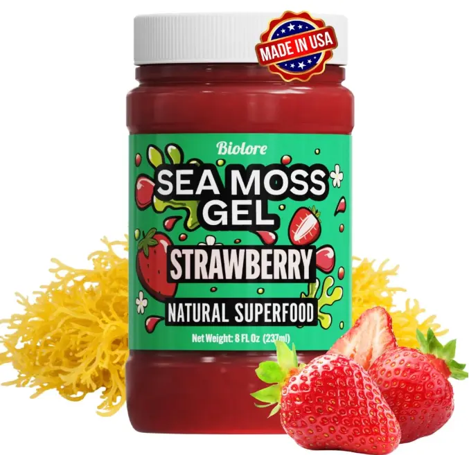 Biolore Sea Moss Gel Strawberry – Flavored Superfood with Natural Electrolytes – Wildcrafted Mango Jam Sea Moss, with Minerals, Vegan, Made in USA – 8oz Trial Size