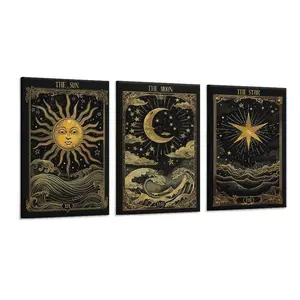 3Pcs/Set Framed Vintage The Sun The Moon The Star Golden Tarot Card Print Wall Art, Western Wall Art, Witchy Canvas Posters, Ready To Hang, for Home Decor
