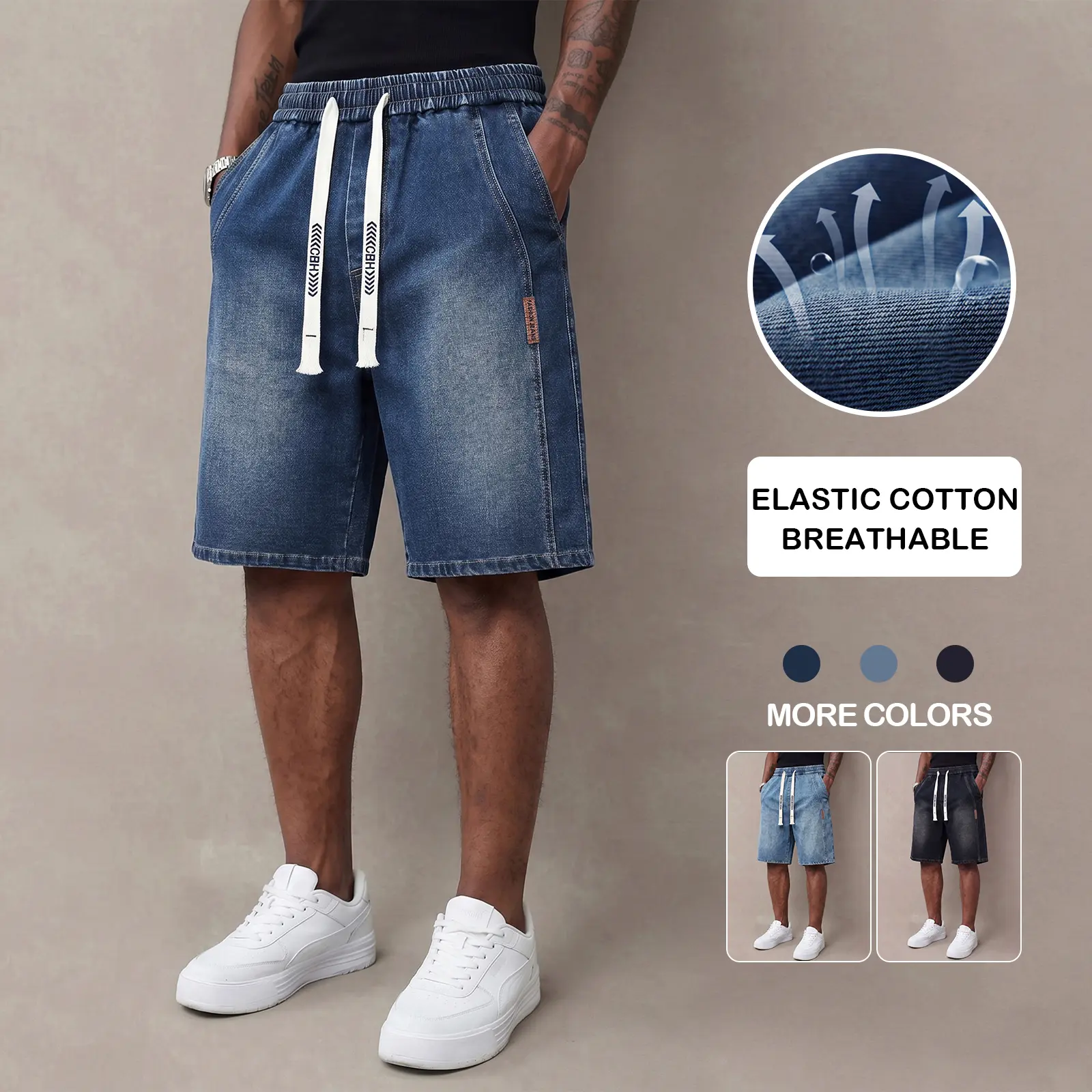 Men’s summer lightweight denim shorts — trendy short men’s pants, loose stretch mid-thigh denim shorts, classic street cotton everyday wear for men, elastic waistband drawstring denim shorts