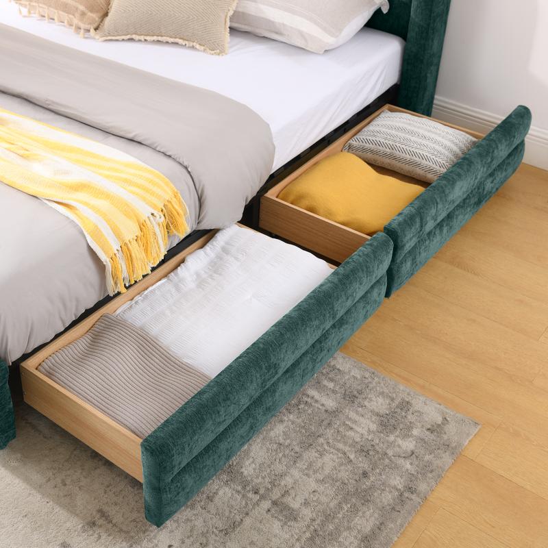 King Size Upholstered Bed Frame with Headboard and 4 Storage Drawers, Solid Bed Frame with Thick Fabric, Comfortable Upholstered Bed Frame, Chenille Fabric (86.5''*84''*29.5'')