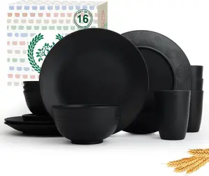 16- Wheat Straw Dinnerware Sets,  Unbreakable Plates and Bowls Sets,Cups,Service for 4,  Dishwasher and Microwave Safe Dish Sets for Kitchen,Outdoor - Black