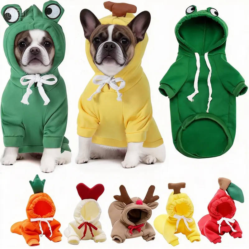 Soft Cloth Fleece Pet Hoodies - Universal Fabric, Spring Warm, Fur-Gentle, Breathable, Lightweight Outdoor Dog Costumes for Small Breeds (French Bulldog, Chihuahua) - Cute Cartoon Fruit, Christmas Reindeer Designs for Family Sports Use