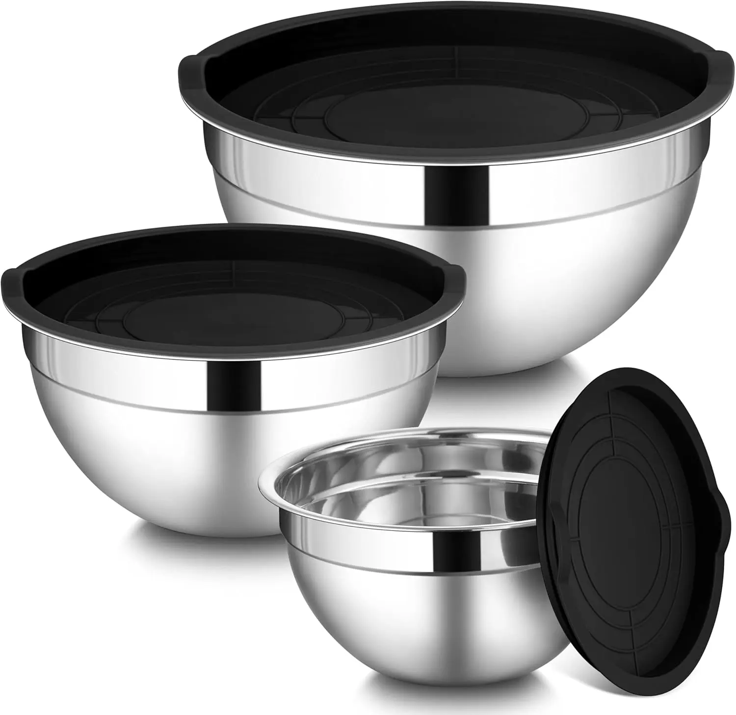 3-Piece Stainless Steel Metal Mixing Bowls Set with Lids, Graters, Whisk, Lock Design - Durable, Heat-Resistant, Non-Toxic Multifunctional Kitchen Tableware for Home Cooks, Baking, Cooking