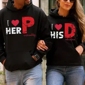 Matching Couple Hoodie I Love  Her P I Love His D - Gift For Couple Womenswear Clothing Print Suits Sweatshirts Tops Yarn Cotton Casual Fitted Black Long Sleeve