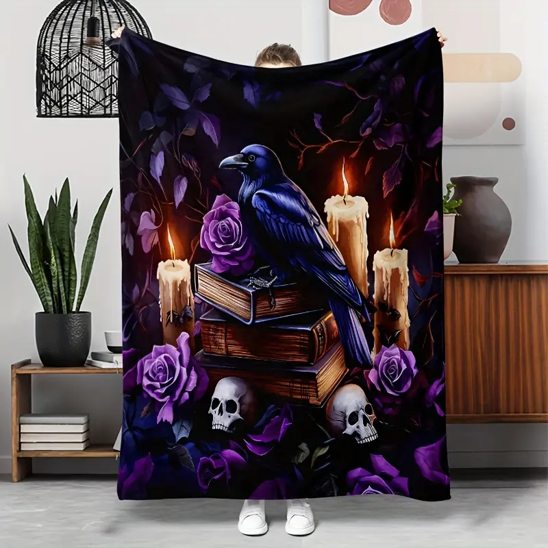 1Pc Gothic Raven & Skull Floral Print Flannel Blanket - Purple, Black, White Design with Candles, Roses, All-Seasons Use for Home, Camping, Gothic Bedding Throw, Camping Accessory