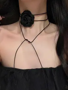 Rose Design Choker Necklace for Women, Elegant Camellia Design Necklace with Wax Rope, Fashion Jewelry Accessories for Party, Daily Decor