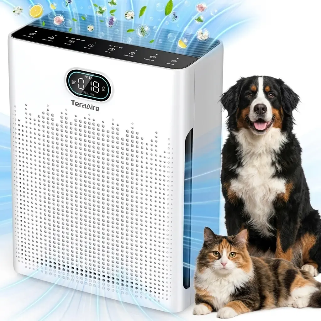 TeraAire Air Purifier for Large Living Spaces & Kitchens (2200 Ft² Coverage), LED PM2.5 Real-Time Display, Ultra-Quiet Sleep Mode, Pet Hair Capture, Odor Removal, Allergy Relief, Citrus-Lavender Compatible Aroma Pad, Timer, US Plug