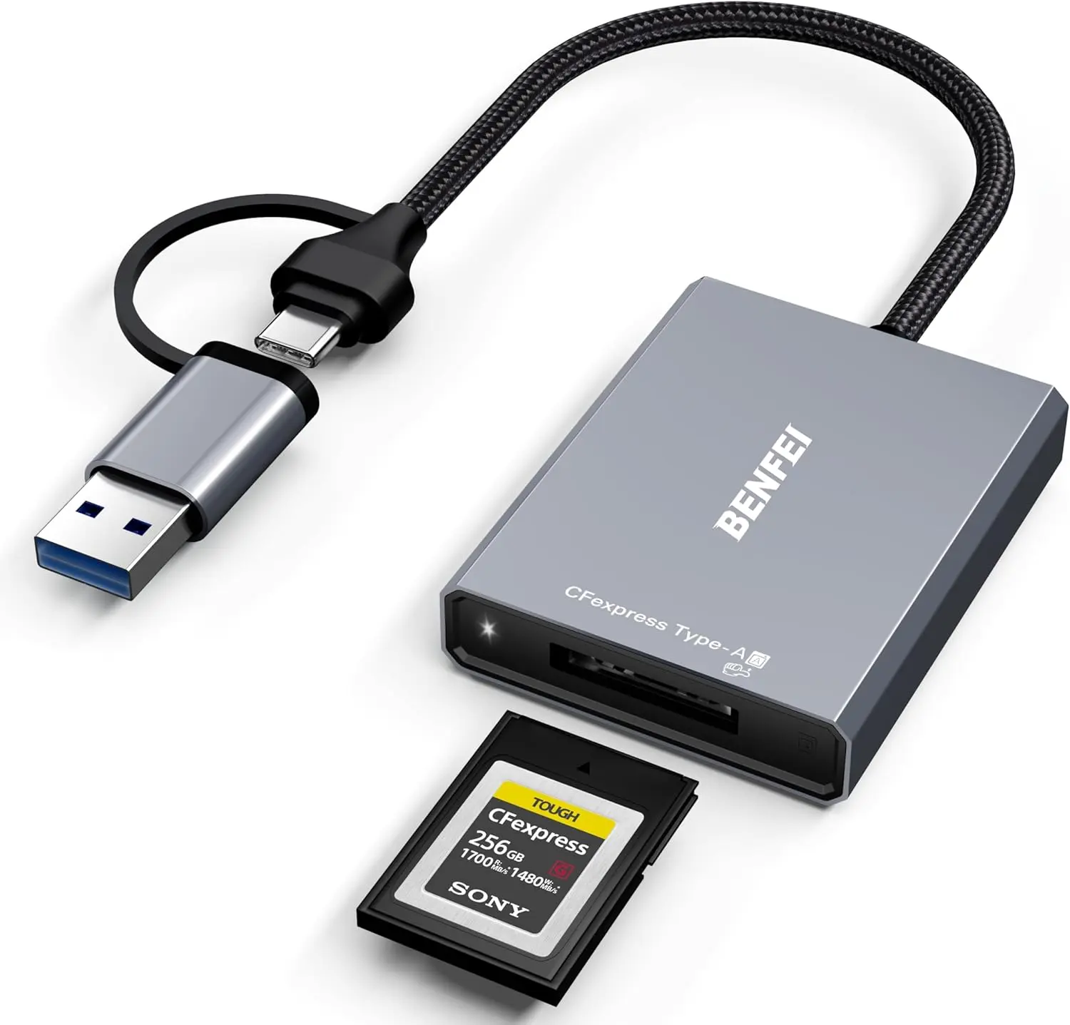 BENFEI CFexpress Type A Card Reader with USB 3.2 (Gen 2) 10Gbps, USB-C&USB-A 2-in-1 Type A CFexpress Adapter, Compatible with Windows/Mac/Linux/Android