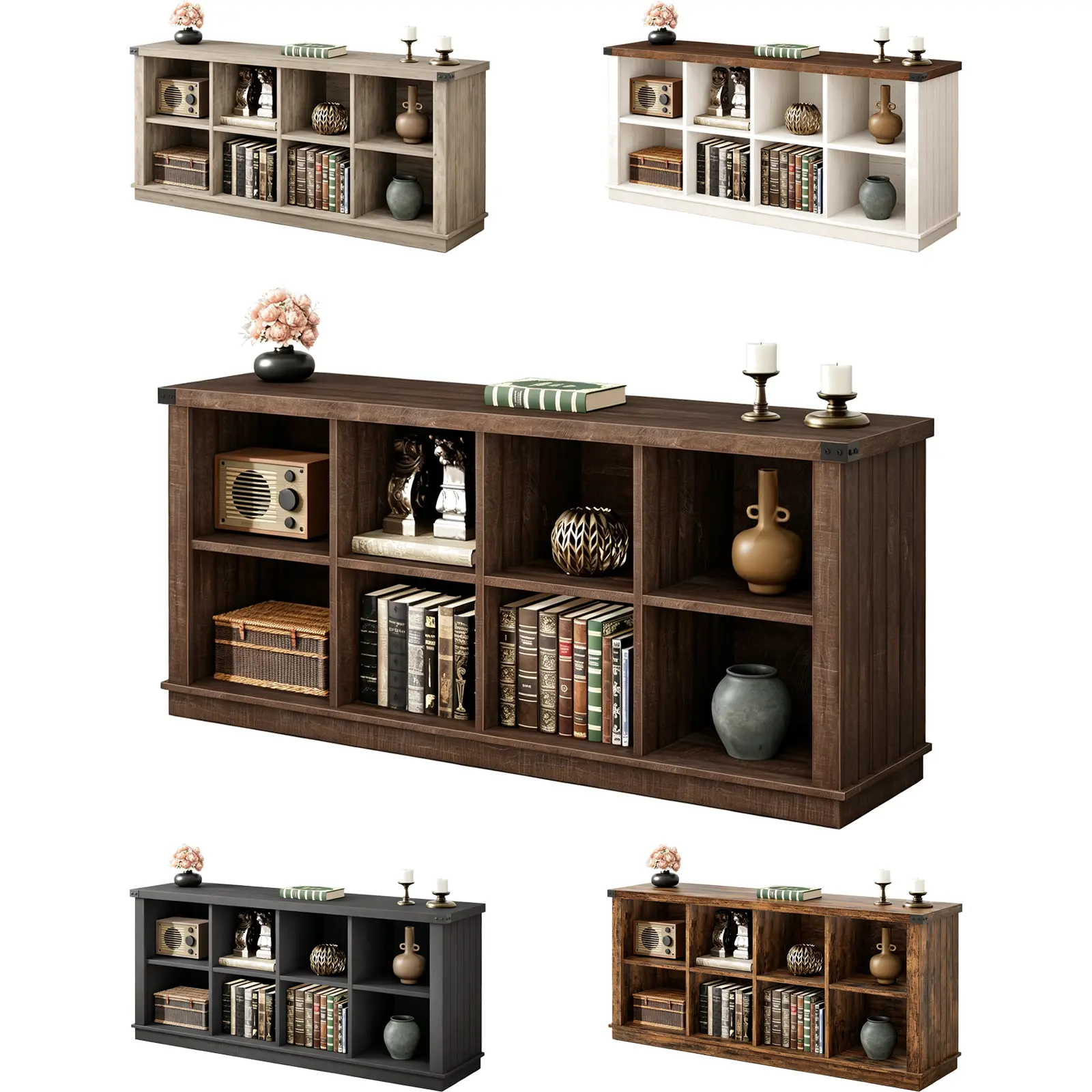 Garvee Upgraded-8 Cube Bookshelf Cabinet, Rustic Farmhouse 2-Tier Wood Storage Organizer With Retro Brown Finish, Freestanding Horizontal Shelf For Living Room, Entryway And Office