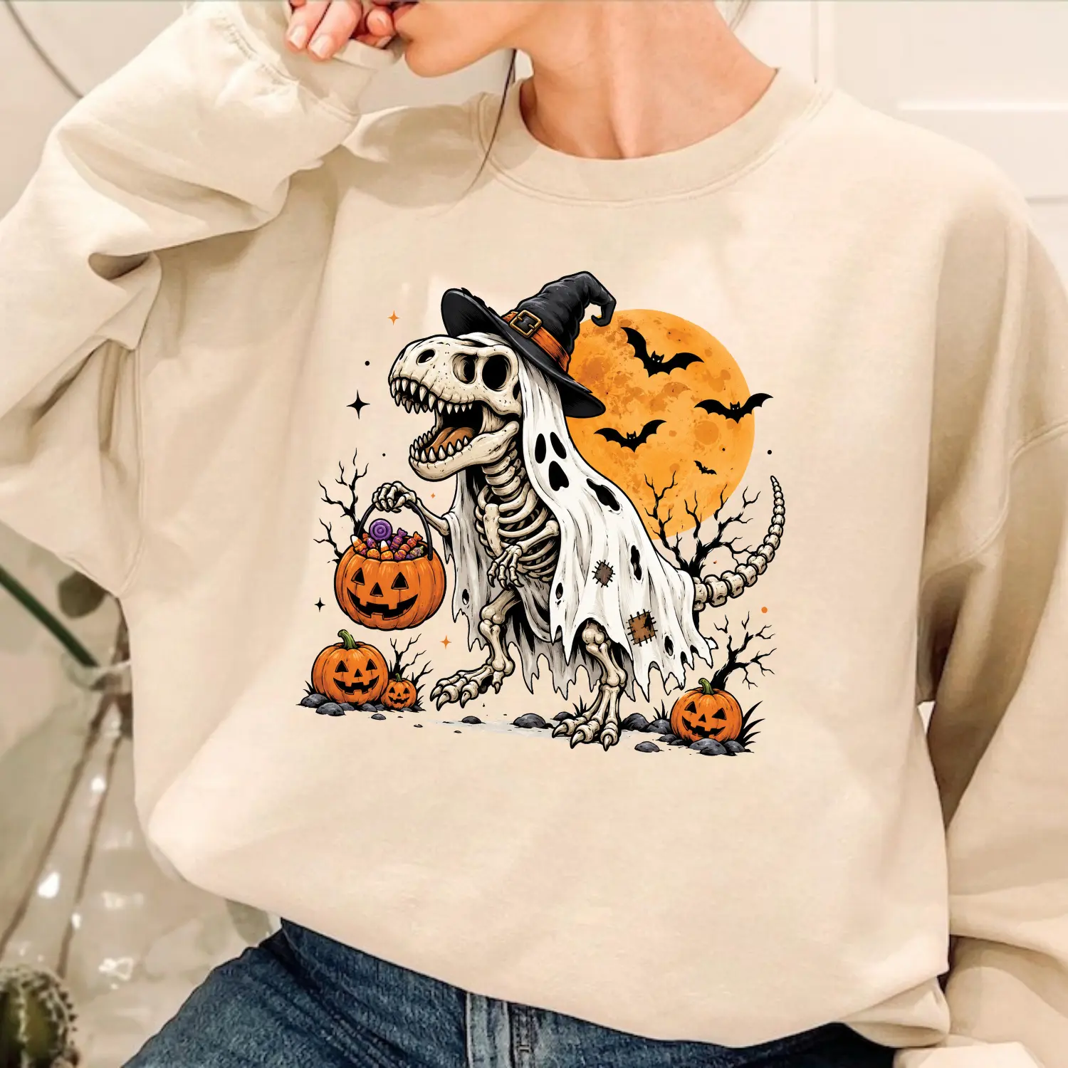 Ghost Dinosaur Halloween Sweatshirt, Spooky T Rex Skeleton Crewneck, Cute Dino Halloween Shirt, Ghost Dinosaur Graphic Sweatshirt, Unisex Halloween Gift