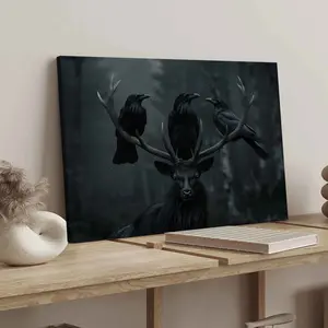 Wooden Framed Canvas Painting, Dark Night Forest Deer & Crow Pattern Wall Art, Modern Art Design, Modern Art Decoration for Home Living Room Bedroom Office, Ornaments