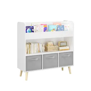 Children's Wooden Bookshelf with 3 Fabric Drawers, Toy and Book Storage Organizer for Kids Bedroom
