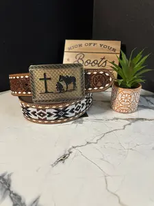 Rose G Cowboy Prayer Belt Buckle - Cowboy With Cross and Horse Design