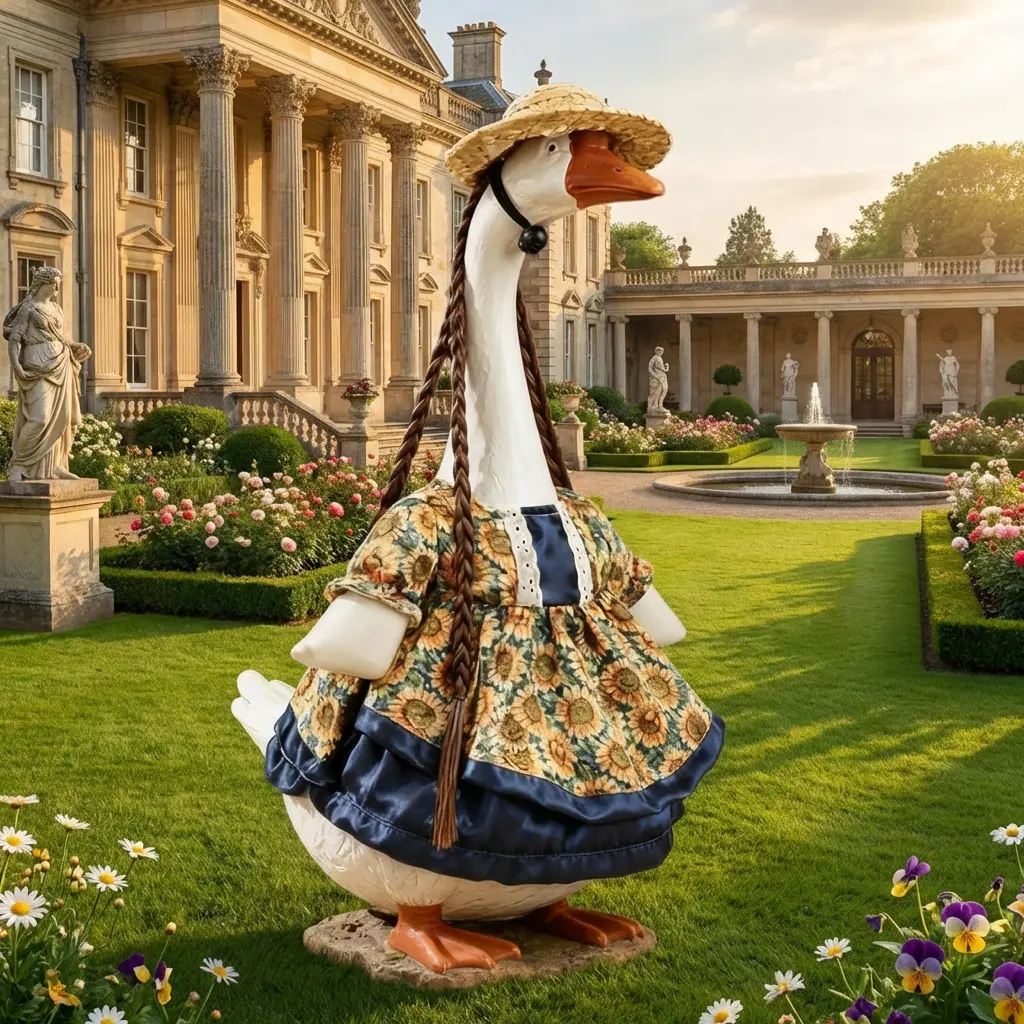 Porch Goose Outfits - Retro Floral Dress with Straw Hat & Braids for 23" Goose Statue, Courtyard Outdoor Garden Patio Lawn Decor Home Supplies