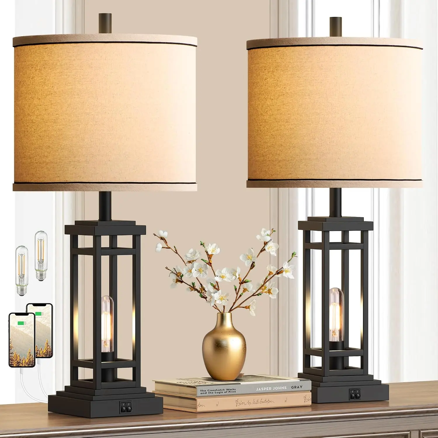 27.5 Tall Farmhouse Table Lamps with USB C + USB A Charge Ports, Rustic Living Room Lamps Set of 2, Black Industrial End Table Lamp for Bedroom Living Room Nightstand (Bronze)