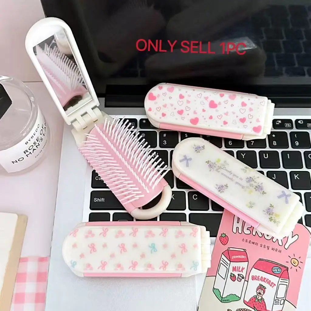 Bowknot Two-In-One Comb Mirror, Foldable Hairbrush, Portable Travel Cushion Brush Makeup Mirror, Anti-Static Massage Puff Smooth, Detangling Hairbrush, Hairstyle Brush, Detangler Comb