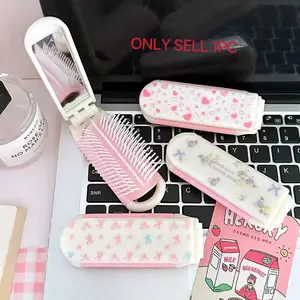 Bowknot Two-In-One Comb Mirror, Foldable Hairbrush, Portable Travel Cushion Brush Makeup Mirror, Anti-Static Massage Puff Smooth, Detangling Hairbrush