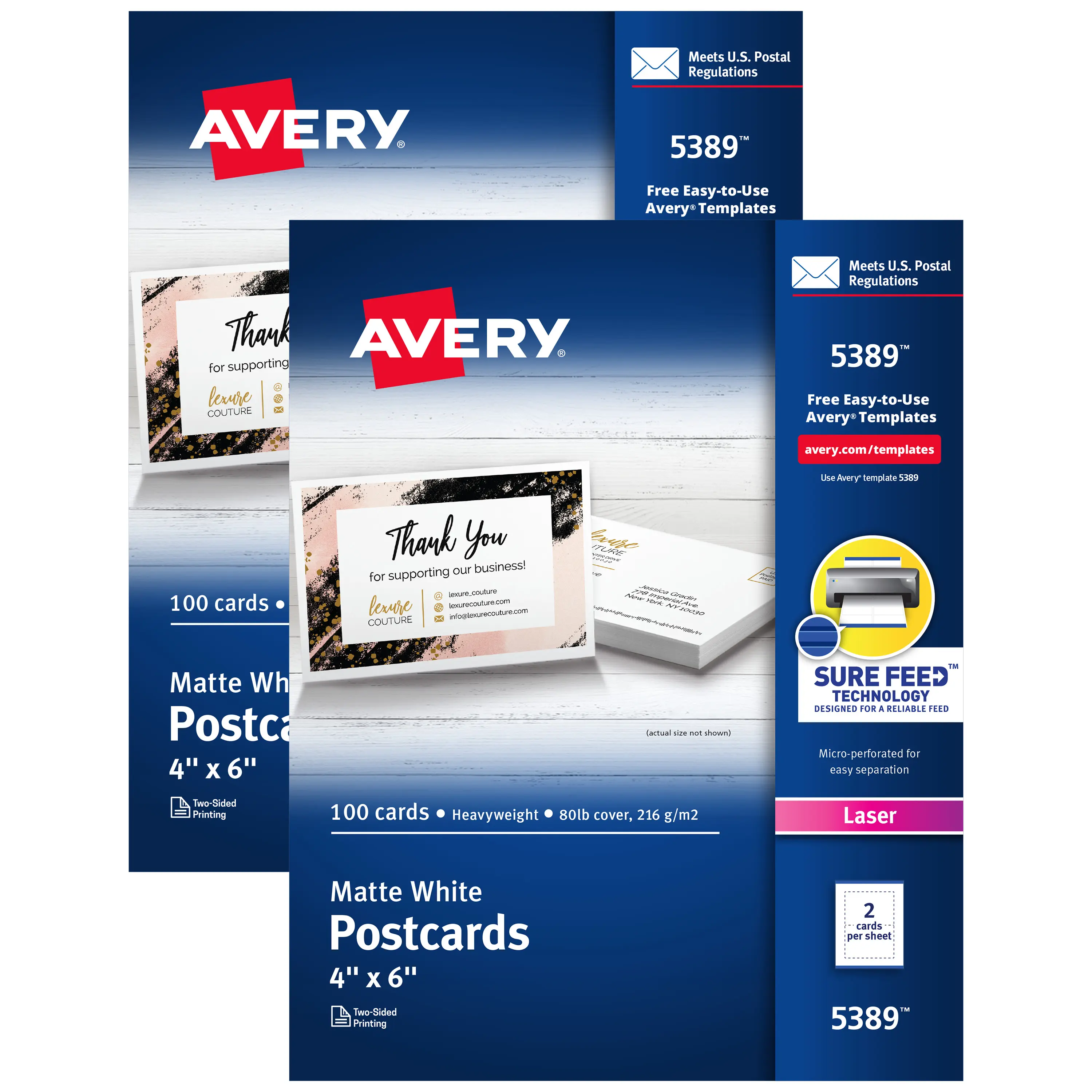 Avery Printable Postcards with Sure Feed Technology, 4" x 6", White, 2 Packs, 100 Cards per Pack, 200 Blank Postcards for Laser Printers Total (15389)