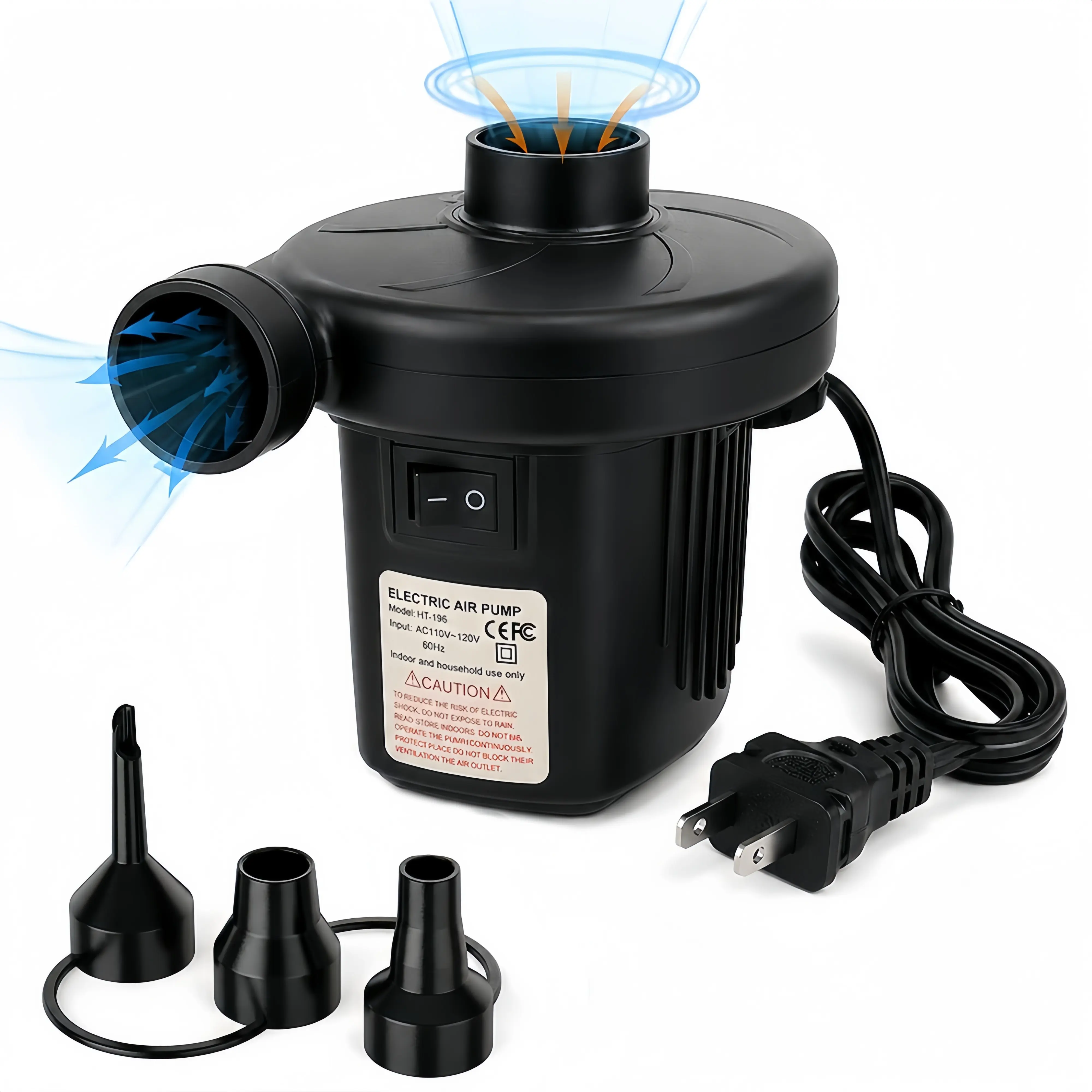 Portable Air Pump with 3 Nozzles, Ultra-Fast Electric Air Pump to Inflate Deflate for Air Mattress, Camping Gear, Pool Floats, Vacuum Storage Bags