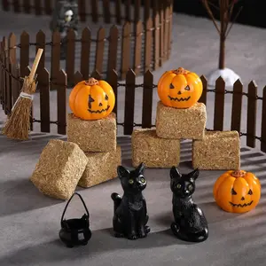 14 Pcs Halloween Village Accessories Set Halloween Miniature Figurines Included Pumpkins, Black Cat, Hay Bales, Witch Pot, Broom and Fence for Hallowmas Dollhouse Tabletop Party Decor