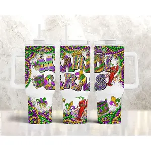 Mardi Gras Crawfish 40oz Tumbler With Handle and Straw, Carnival Beads Colorful Stainless Steel Travel Cup, Festival Party Drinkware Gift