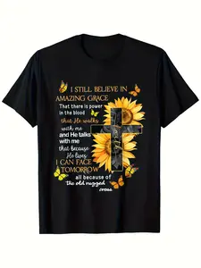Men's Christian Graphic T-Shirt - I Still Believe in Amazing Grace Lyrics & Sunflower Butterfly Cross Design - Black with Golden Lettering - Heavyweight 180gsm Cotton Crew Neck Tee - Religious Apparel for Church Gym Casual Attire - Inspirational Christian