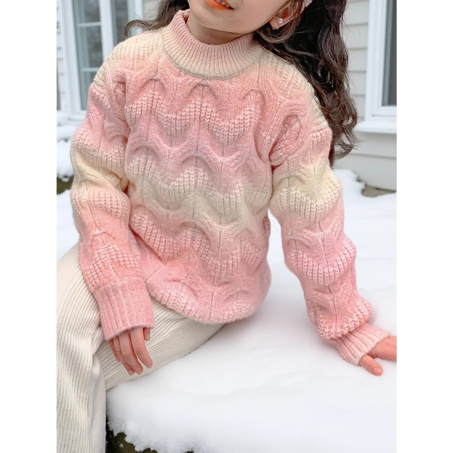 Elegant Blush Color Sweater For Girls, Mock Neck Thick Pullover Jumper Tops, Girl's Clothing For Fall Winter
