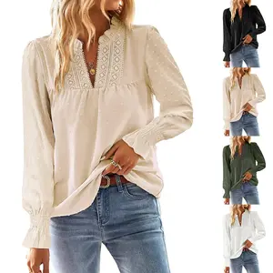 SCUSTY Women’s Long Sleeve V-Neck Pleated Crochet Lace Blouse Dressy Casual Work Top