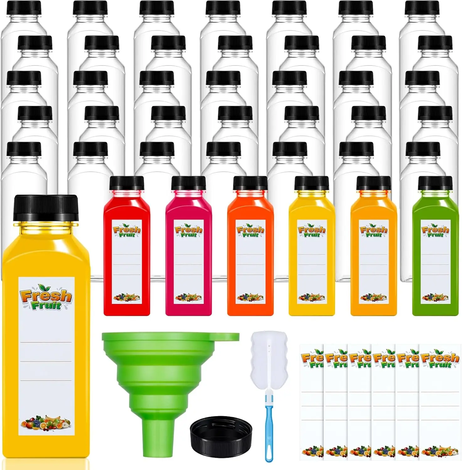 42 count 16oz Plastic Juice Bottles with Caps, Clear Empty  Juice Containers with Lids, Brush, Funnel and Labels for Drinking, Smoothie, Milk,  and Other Beverages