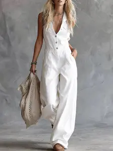 Women's V Neck Front Button Sleeveless Linen Fitted Jumpsuit, Casual Western Style Summer, Comfortable & Stylish One-Piece