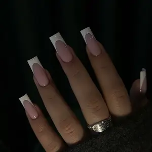 24pcs Coffin Nail Tips French Style Simple Design for Daily Wear, Includes 1 Nail File and 1 Jelly Glue