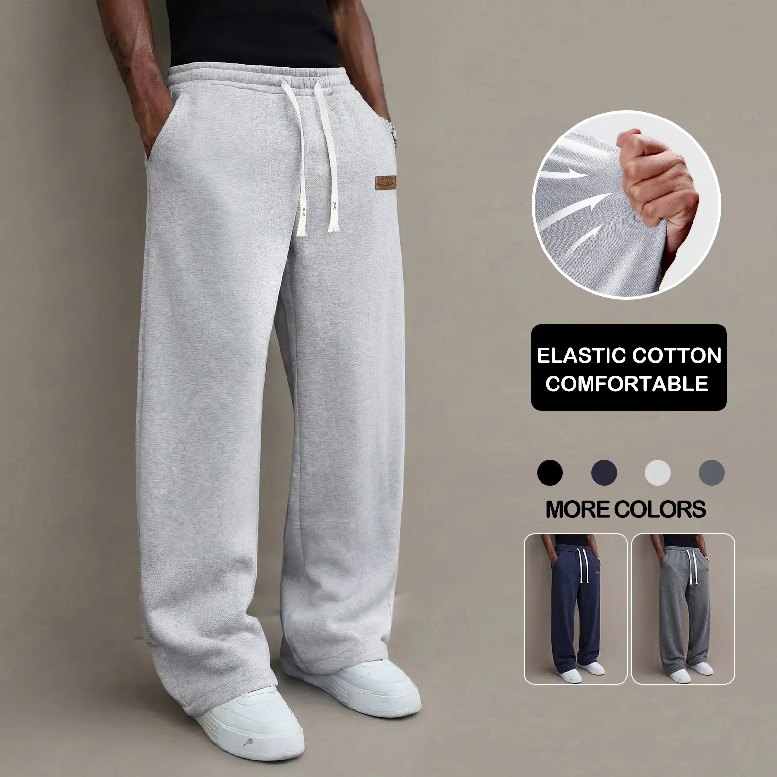 Men’s casual pants for autumn, cotton-blend stretch fabric, comfortable athletic-casual long pants with a loose straight fit; suitable for everyday wear and commuting; versatile sweatpants with drawstring; simple men’s casual pants.