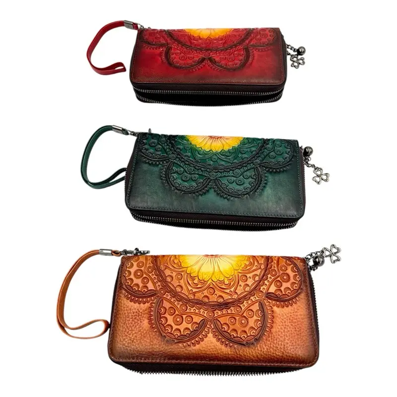 Leather Flower Wallet - Elegant Floral Design, Available in Red, Green & Brown, Includes Clasp & Chain Strap