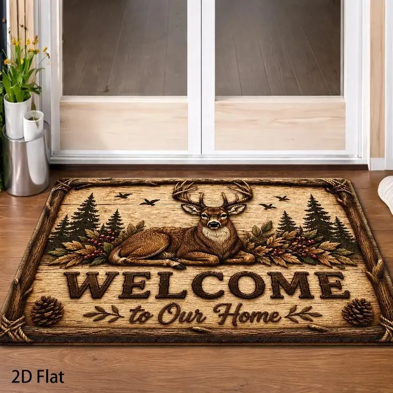 2D Flat American Country Deer  with Pine Needle & Pinecone, Non-Slip Machine  Indoor-Outdoor Floor Mat, Durable  for Living Room, Porch, Bathroom Entryway high traffic   stain bedroom decorative modern home  abstract gean up girls decor soft cozy rug