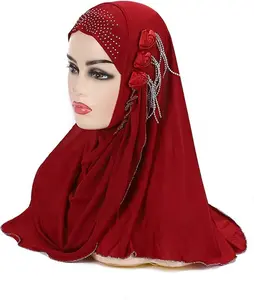 Women's Muslim Jersey Hijab with Flower Chains - 2 Pieces Ready to Wear Head Scarf