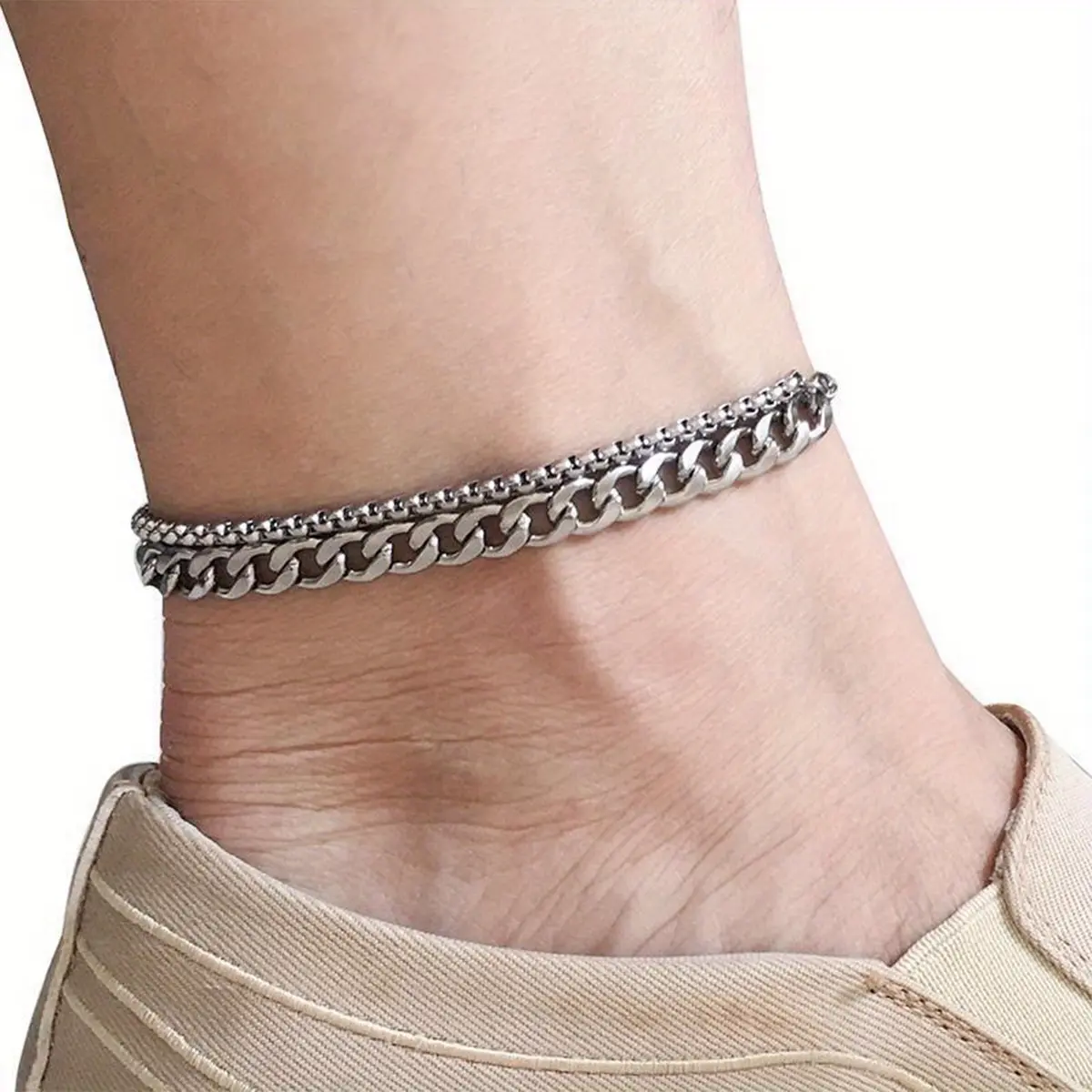 Simple Neutral Style Summer Double-layer Stacked Cuban Chain Stainless Steel Feet Ankle Bracelet for Daily Leisure Holiday Parties Beach Accessories