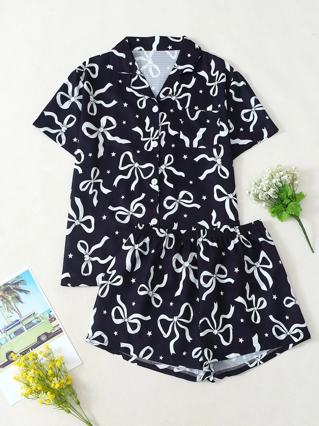 New Bow Print Women's Sleepwear Loungewear Set, Comfortable Soft Skin-Friendly Breathable Lightweight Fabric, Indoor Outdoor Everyday Wear, Casual Home Clothing