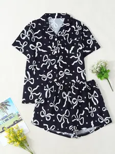 New Bow Print Women's Sleepwear Set, Comfortable Skin-Friendly Breathable Fabric, Indoor Outdoor Wear, Casual Home Clothing