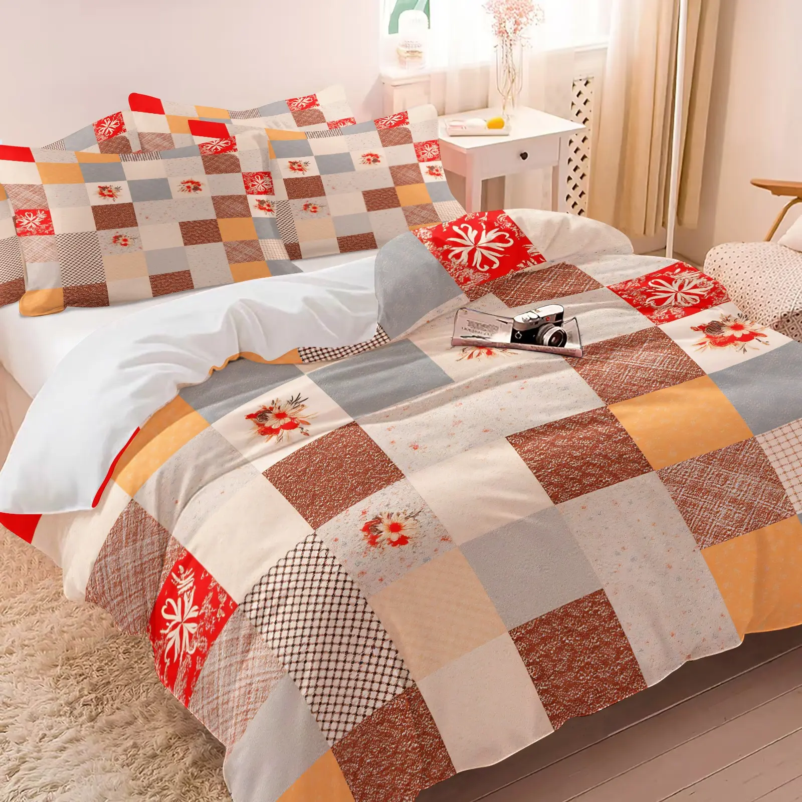 Warm Patchwork Duvet Cover Set, 1 Duvet and 1-2 Coreless Pillowcases, Various Textures and Floral Patterns Patchwork Design, Soft Comfortable Bedding, Cozy Farmhouse Bedroom Decor, Gift Idea