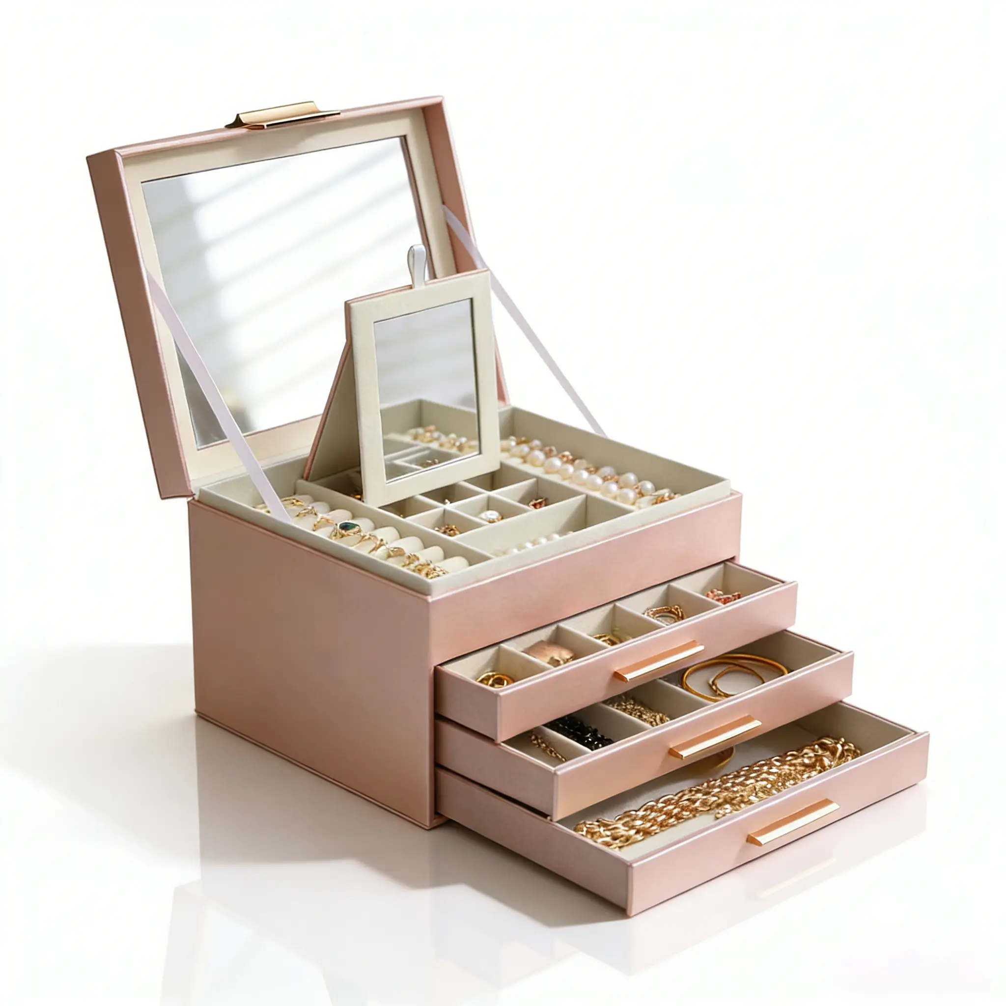 BOOVO Modern 4-Layer Square Lightweight Jewelry Box - PU Leather Stackable Home Organizer, Velvet-Cushioned Storage Box with Glass Window, Distortion-Free Mirror, for Women's Rings/Earrings, Ideal for Bedroom, Anniversaries, Mother’s Day Gifts, Organizer,