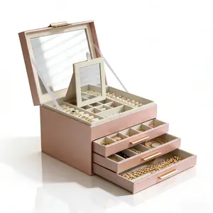 BOOVO 4-Tier Jewelry Box with Clear Glass Window, Large PU Leather Jewelry Organizer with Built-in Mirror, Visible Jewelry Storage Case for Rings & Earrings, Perfect Gift for Women Lightweight Box