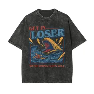 Jonah and the Whale "Get In Loser We're Doing God's Will" Vintage Washed T-Shirt | Funny Christian Humor Tee, Oversized Black Cotton, Retro Graphic Streetwear, Religious Meme Inspired Casual Top